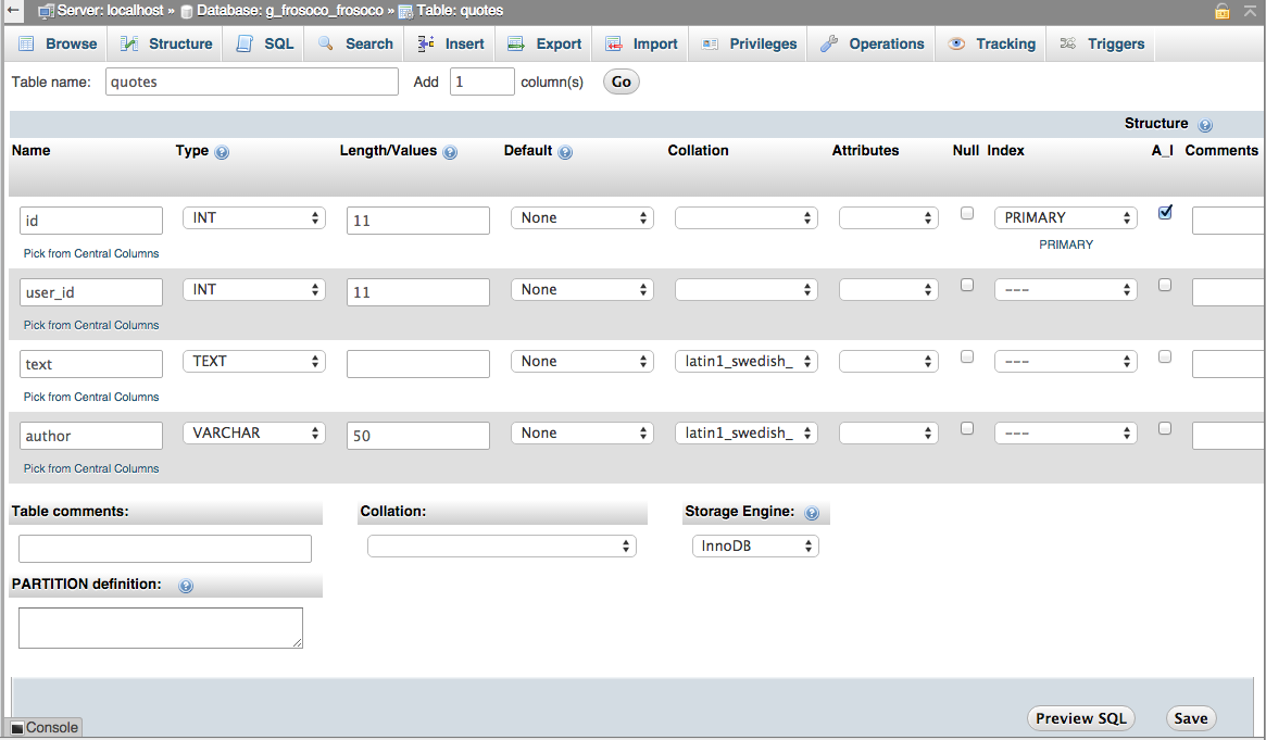 FroSoCo Quotes Datatable Structure